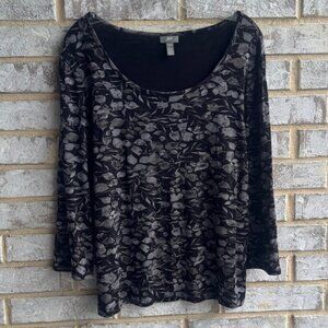 J. Jill 3/4 Sleeve Scoop Neck Black/Gray Floral Stretch Blouse Women's Size L